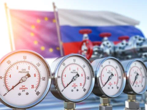 Gas pipeline with gauge with zero pression and EU European Union and Russia f Stockillustratie
