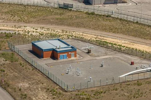 Gas pipeline infrastructure and control building in Port El Musel Gijon Stock Photos