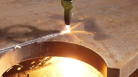 Gas plasma cutting machine cuttin steel slow motion Stock Footage 80664473