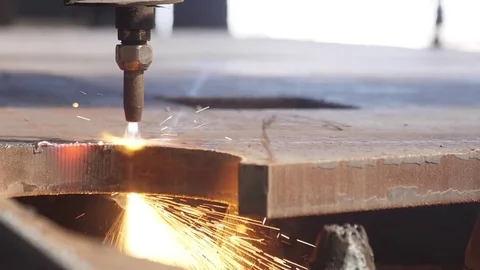 Gas plasma cutting machine cuttin steel slow motion Stock Footage