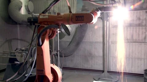 Gas-plasma spraying of protective coatings on jet engine parts. Robotic complex. Stock Footage 132106910