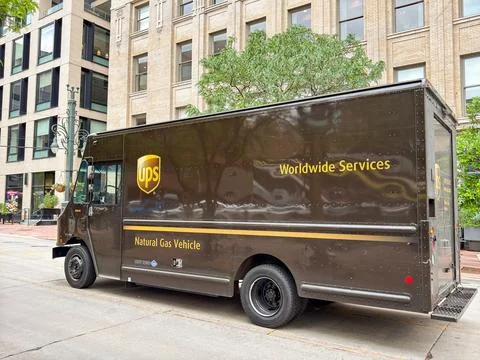 Gas powered delivery van used by the United Parcel Service UPS 스톡 사진