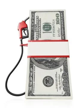 Gas pump attached to 100 dollar bills. 3D illustration Illustration