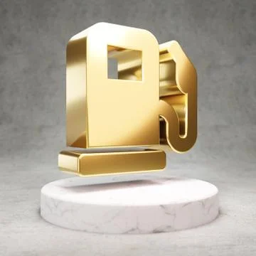 Gas Pump icon. Shiny golden Gas Pump symbol on white marble podium. Stock Illustration