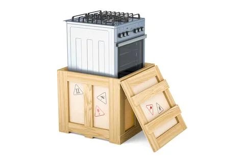 Gas range inside wooden box, delivery concept. 3D rendering Illustration