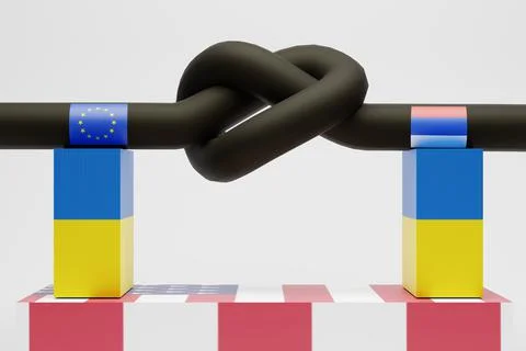 Gas sanctions concept. A gas pipe tied into a knot stands on racks in the col Stock Illustration