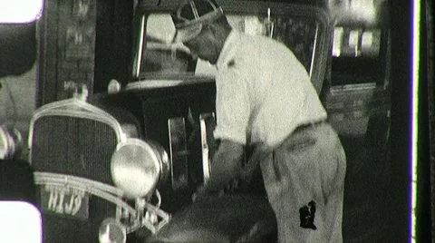 Gas Service Station Attendant Check Oil Tires 1930s Vintage Film Home Movie 1038 Stock Footage