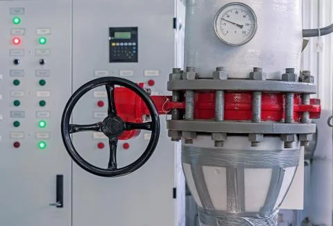 Gas shut-off valve at gas processing station. Valve on the gas boiler house. Stock Photos