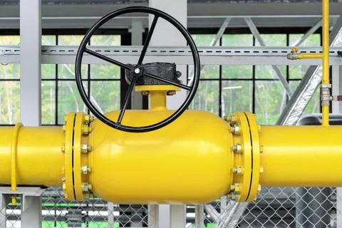 Gas shut-off valve at gas processing station. Valve on the gas boiler house. Stock Photos