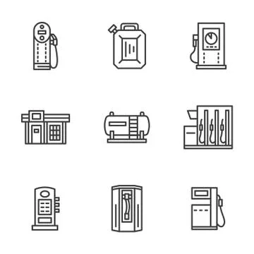 Gas station black line vector icons collection Stock Illustration