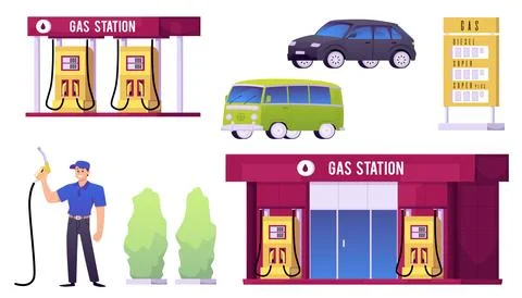 Gas station equipment vector flat set, cartoon building, refueler worker with Ilustración de archivo