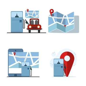 Gas station map pin pointer icon set, fuel and petrol location concept. Ilustración de archivo