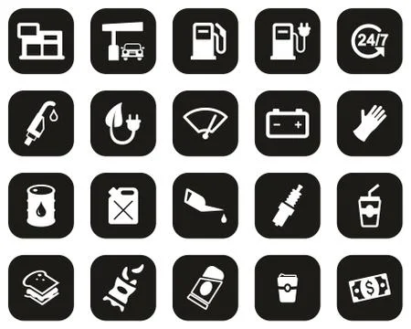 Gas Station Or Gas Pump Icons White On Black Flat Design Set Big Stock Illustration