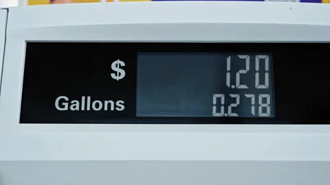 Gas station pump display showing fuel price and gallons during car refueling Stock Footage 331028579