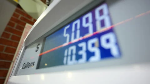 Gas station pump display showing fuel price and gallons during car gas refueling Stock Footage 334058119