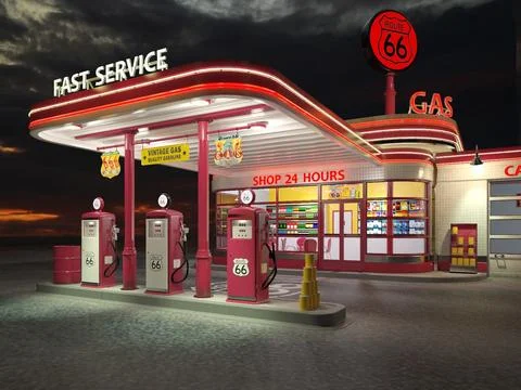 Gas Station Route66 at day and night 3D Model