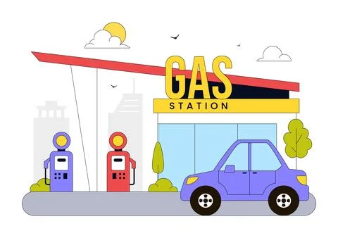 Gas Station Vector Illustration Featuring Fuel Service, Petrol Station, Car.. Stock Illustration