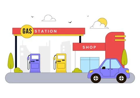 Gas Station Vector Illustration Featuring Fuel Service, Petrol Station, Car.. Stock Illustration