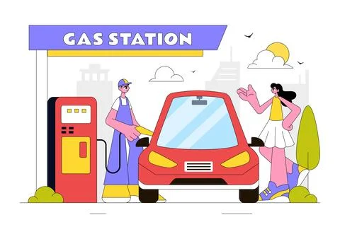 Gas Station Vector Illustration Featuring Fuel Service, Petrol Station, Car.. Stock Illustration