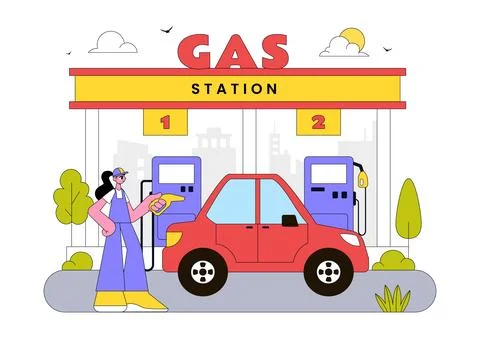 Gas Station Vector Illustration Featuring Fuel Service, Petrol Station, Car.. Stock Illustration