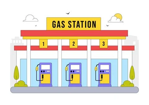 Gas Station Vector Illustration Featuring Fuel Service, Petrol Station, Car.. Stock Illustration