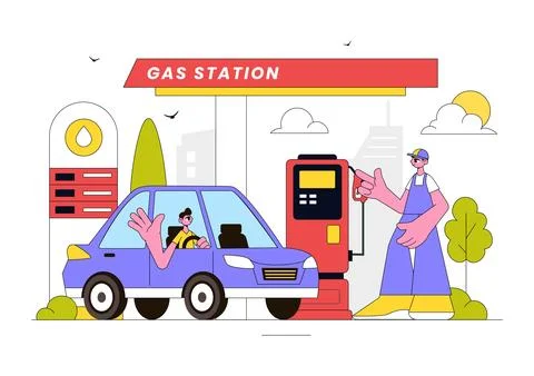 Gas Station Vector Illustration Featuring Fuel Service, Petrol Station, Car.. Stock Illustration