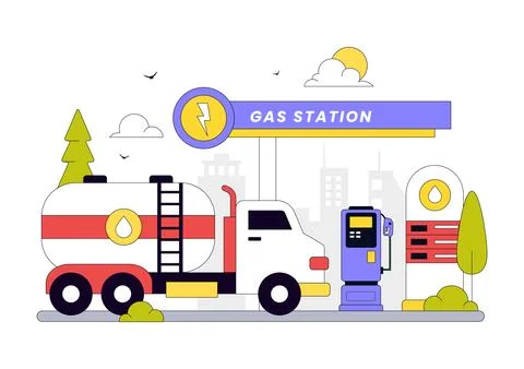 Gas Station Vector Illustration Featuring Fuel Service, Petrol Station, Car.. Stock Illustration