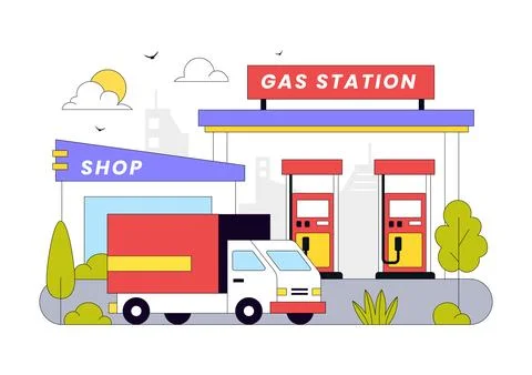 Gas Station Vector Illustration Featuring Fuel Service, Petrol Station, Car.. Stock Illustration