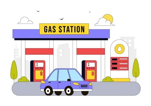 Gas Station Vector Illustration Featuring Fuel Service, Petrol Station, Car.. Stock Illustration