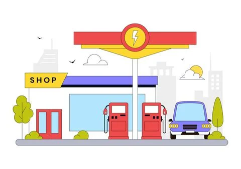 Gas Station Vector Illustration Featuring Fuel Service, Petrol Station, Car.. Stock Illustration
