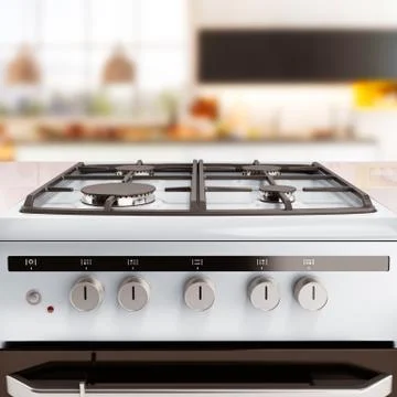 Gas stove 3d render kitchen background Stock Illustration