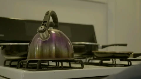 Gas Stove Burner Igniting Under Tea Kettle Stock Footage 344614456