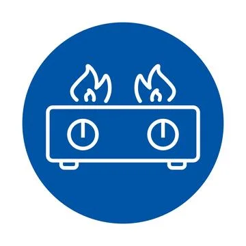 Gas stove with flames and controls on a blue circular background design Stock Illustration