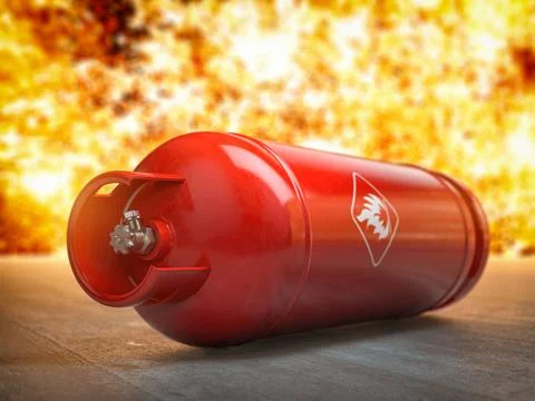 Gas tank or bottle on explosive flame and fire background. Danger of using ga Stock Illustration