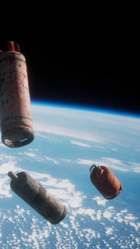 Gas tanks floating in space above Earth with blue and white clouds Stock Footage 344957999