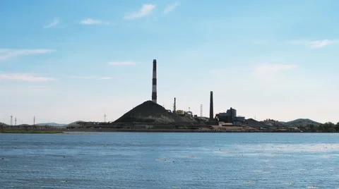 Gas turbine electrical power plan near the river Stock Footage 67483627