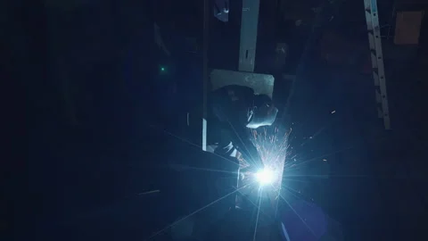 Gas Turbines. Operator is Welding a Workpiece. Fumes and Sparks. Welder Tool Stock Footage 158237777