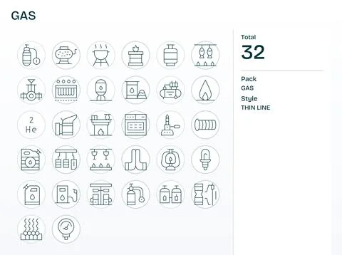 Gas Vector Icon Collection with 32 128x128 Thin Line Designs Stock Illustration