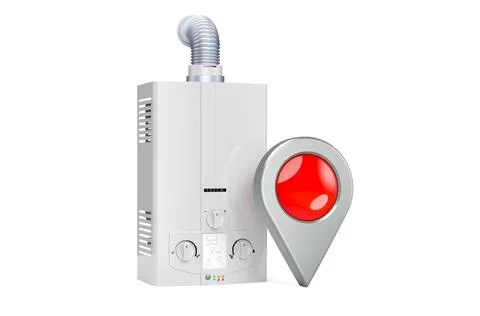 Gas water heater with map pointer, 3D rendering Illustrazione stock
