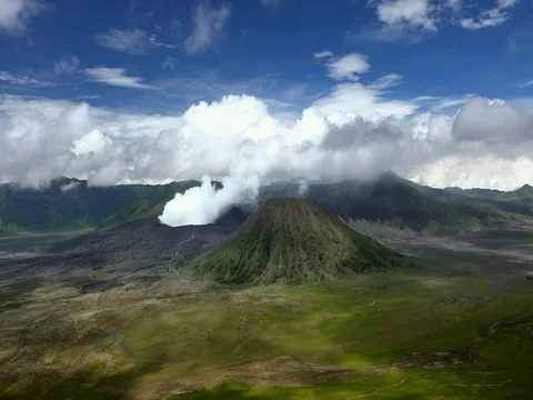 Gases emitted from vent of active volcano. Bromo seismic activity. Indonesia Stock Footage 73345807
