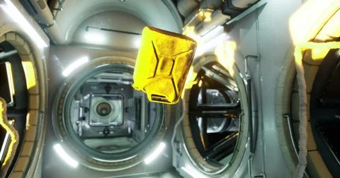 Gasoline canister encounters zero gravity inside international space station Stock Illustration