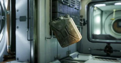 Gasoline canister floats in zero gravity aboard the international space stati Stock Illustration