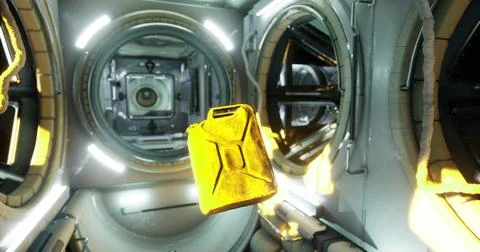 Gasoline canister floats in zero gravity inside international space station Stock Illustration