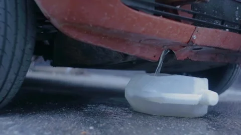 Gasoline is drained from under the bumper of red car into a canister on pavement Stock Footage 247379326