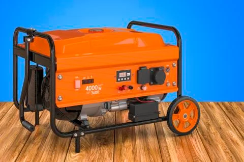Gasoline Generator with frame and wheels on the wooden table. 3D rendering Stock Illustration