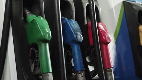 Gasoline or petrol station gas fuel pump nozzle. Filling station Stock Footage