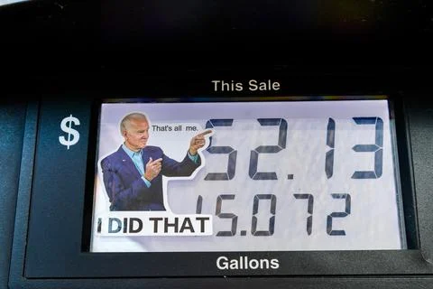 Gasoline Pump sticker protesting inflation of Gas Prices Stock Photos