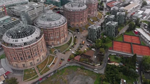 Gasometer buildings in Vienna from above Stock Footage 144673345