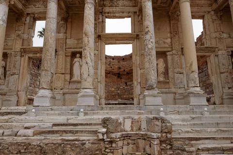 Gate of Celsus Library and statues in Ephesus ruins, historical ancient Roman Stock Photos