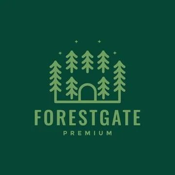 Gate forest tree pines spruce night minimalist style line simple logo desig.. Illustrazione stock